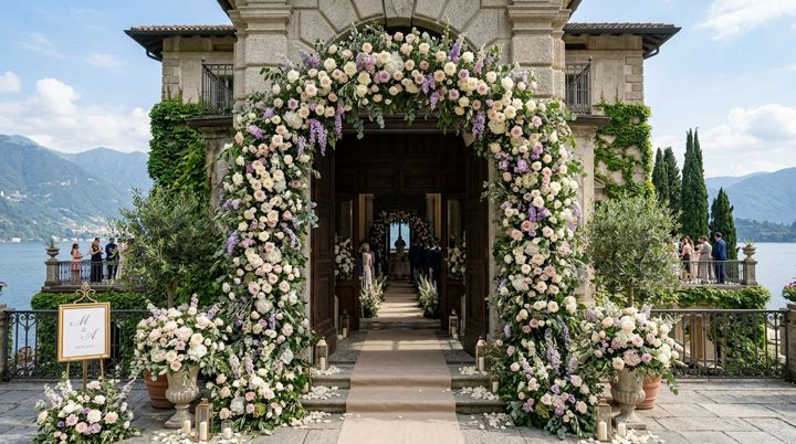 Portale incorniciato di fiori bianchi